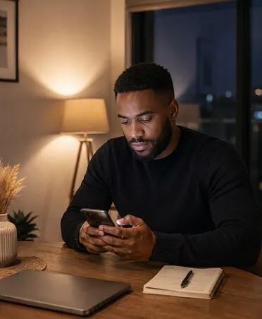 Mobile massage therapist checking booking messages after work beside a notebook and phone
