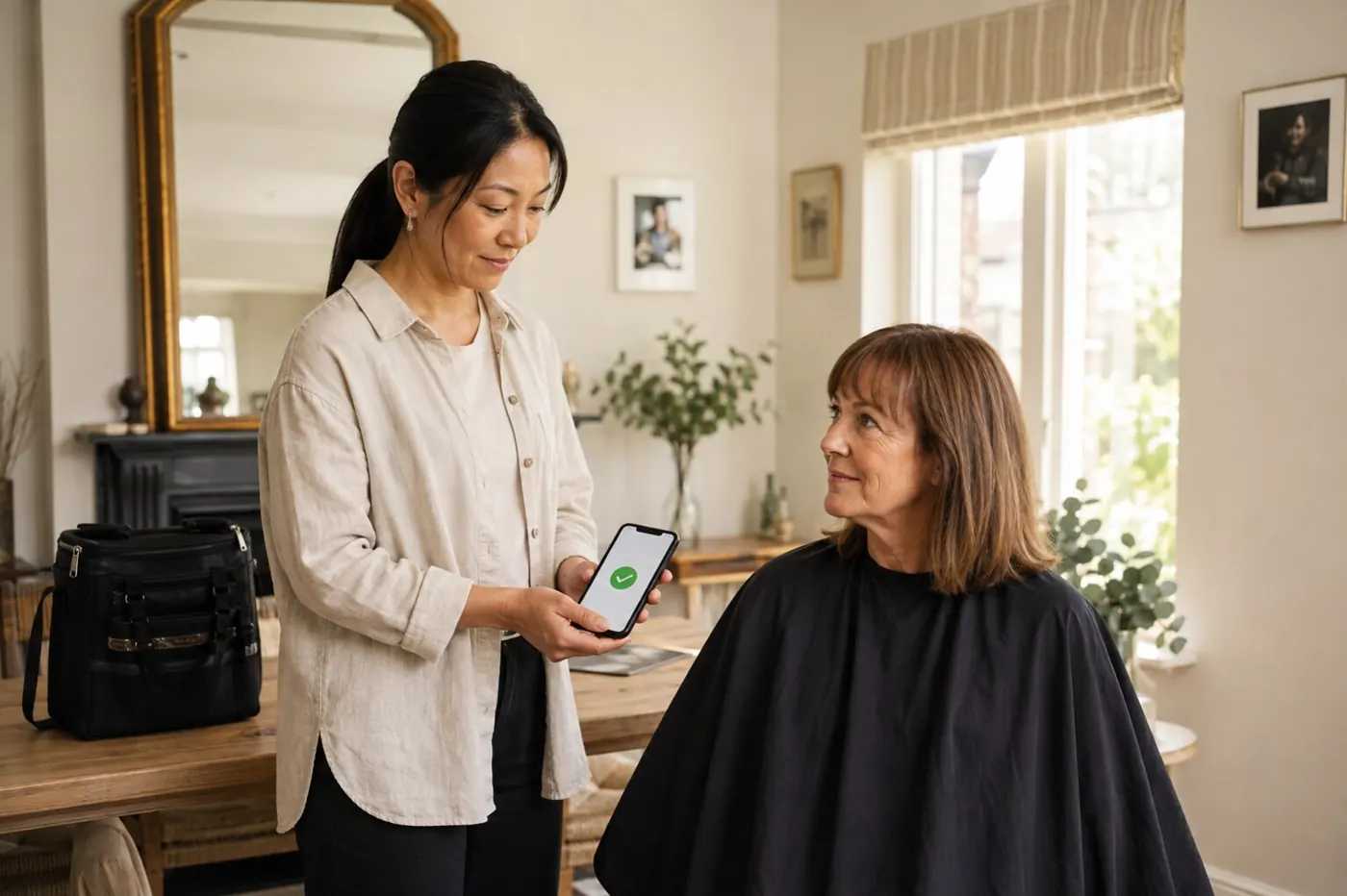 Mobile hairdresser greeting a customer at home after an online booking was confirmed