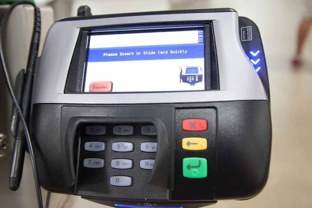 A credit card terminal on a counter
