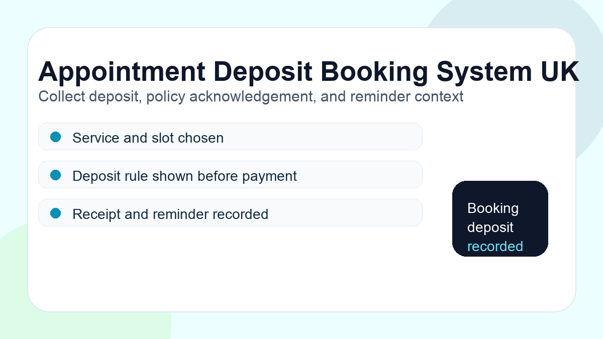 Appointment deposit booking system flow for payment policy reminder and booking record