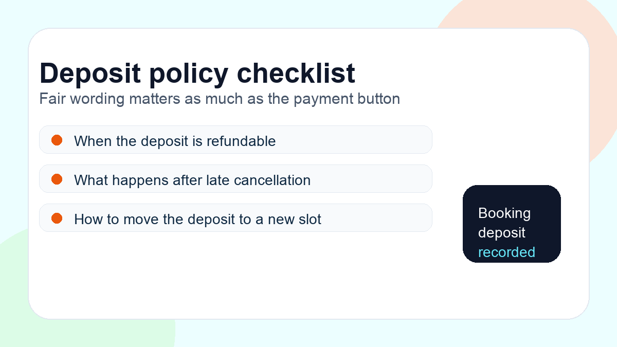 Deposit policy checklist covering refundable rules cancellation and rescheduling