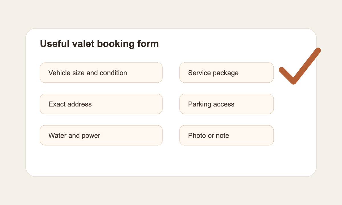 Mobile car valeting booking form fields for vehicle, address, parking, water, and power