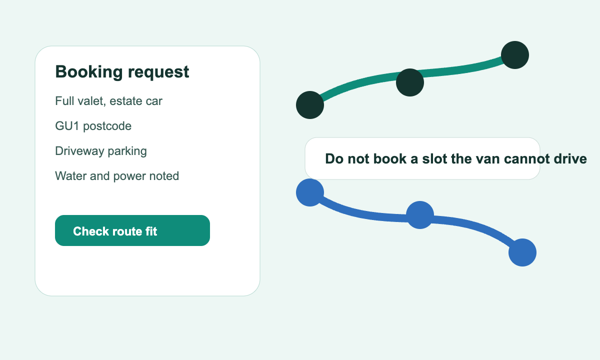 Mobile car valeting booking request checked against route fit and job details