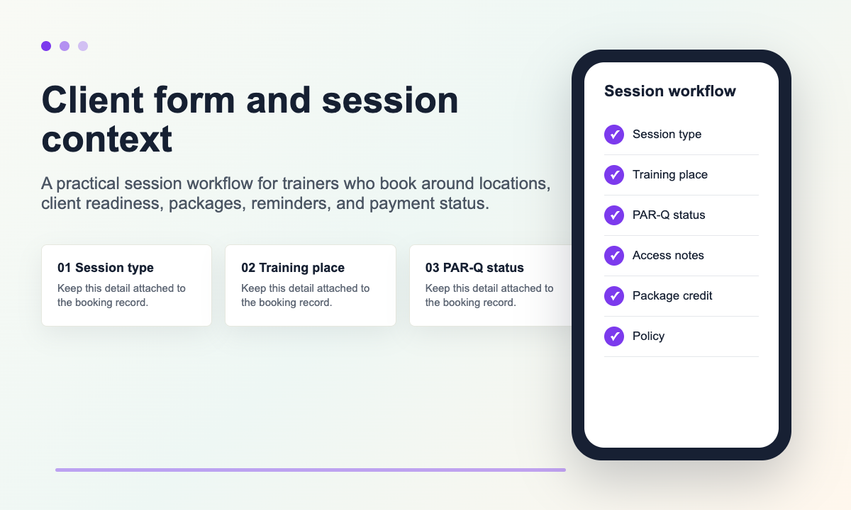 Personal trainer booking form with location readiness payment and reminder steps