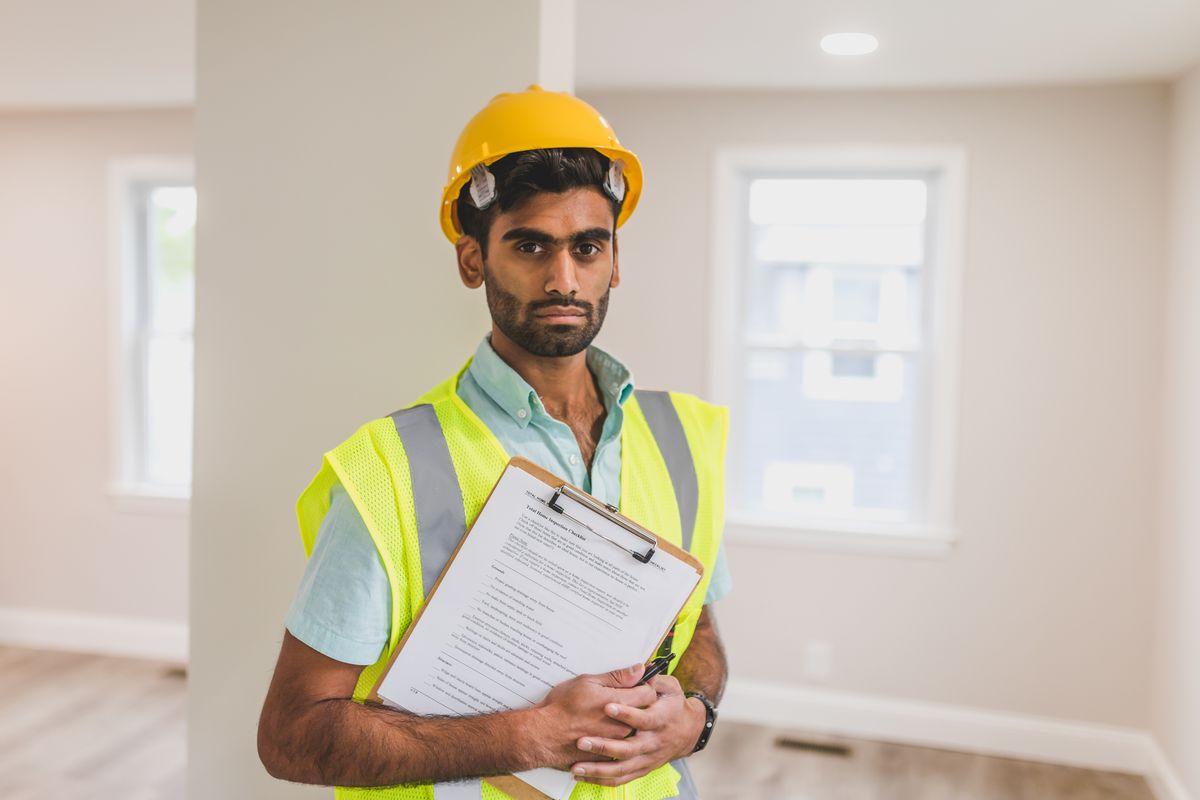 Construction worker holding a clipboard on a job site