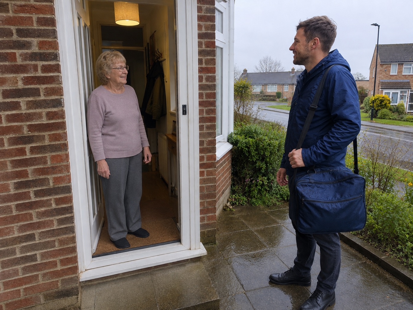 Mobile chiropodist arriving at a customer's door for a booked visit