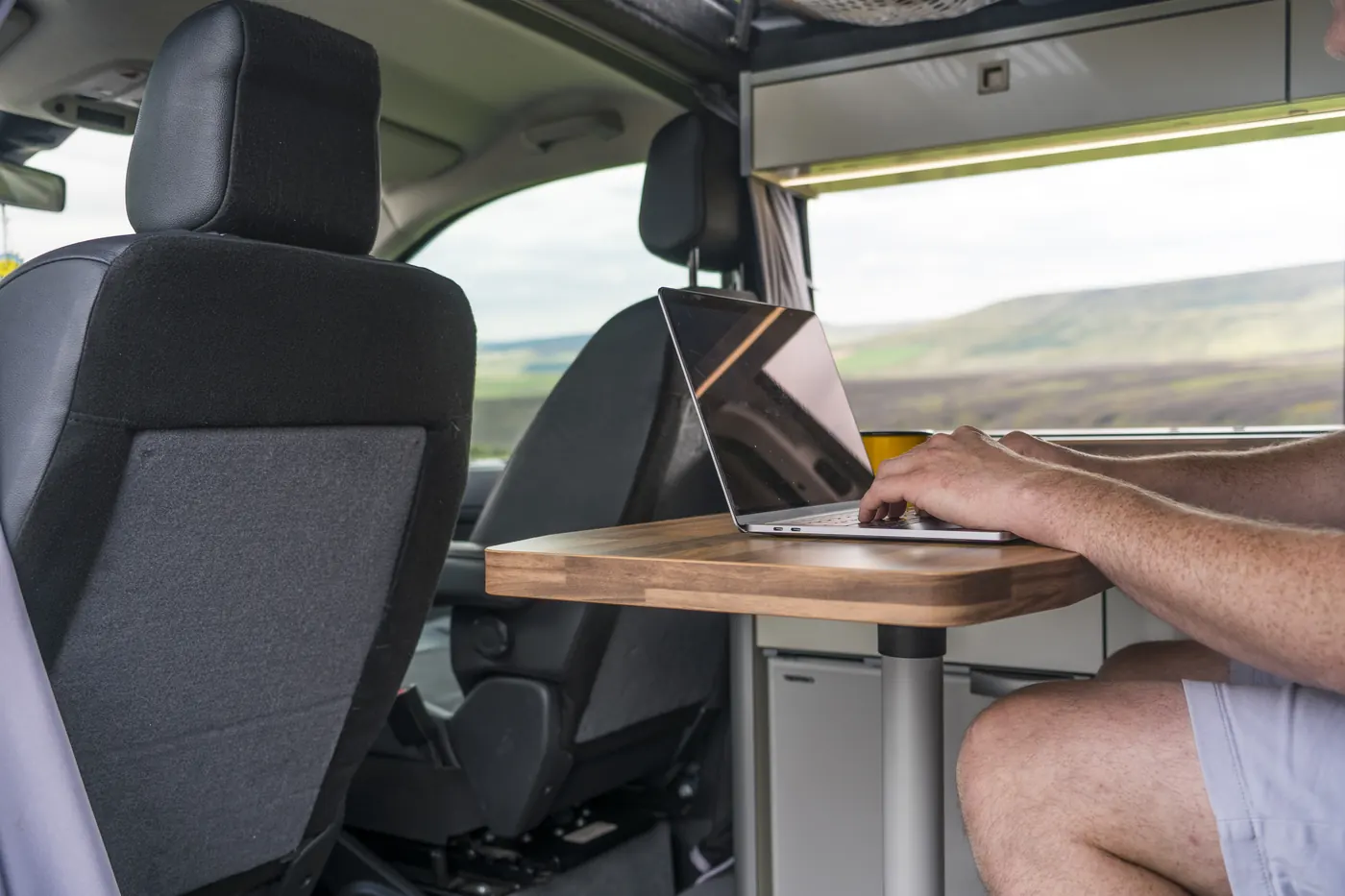 Mobile worker using a laptop inside a vehicle between visits