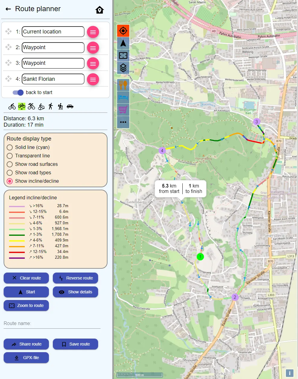 Route planning interface with waypoints and route options