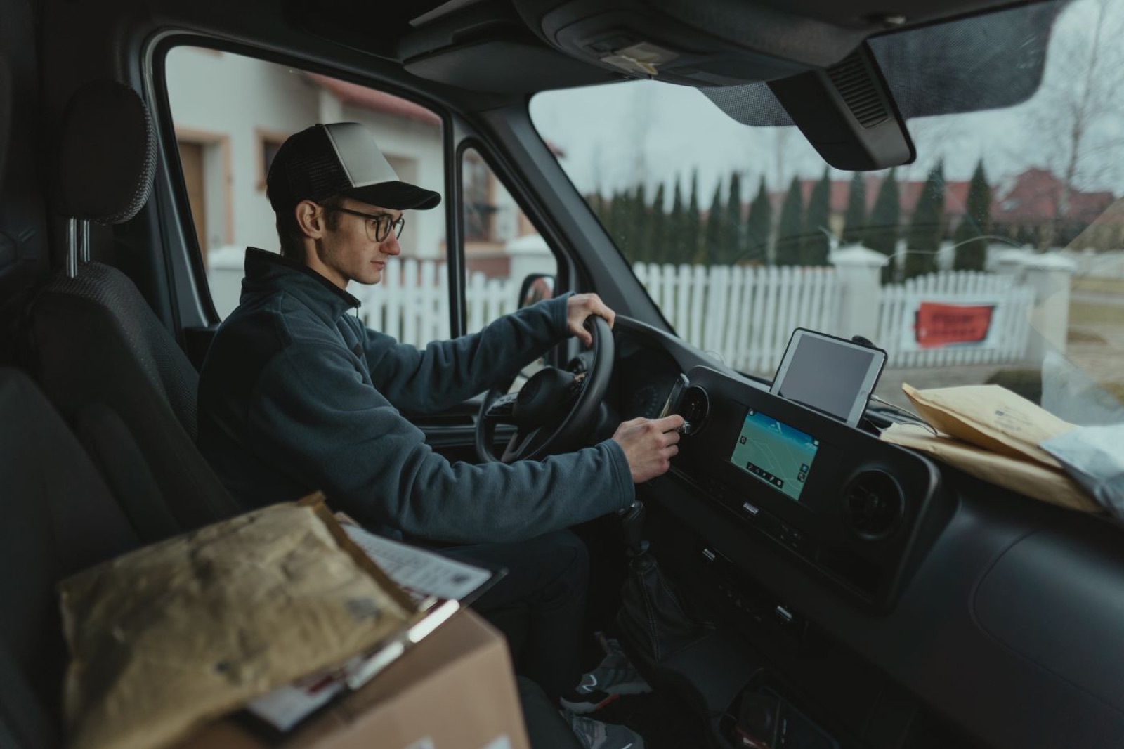 Mobile worker checking a route inside a parked van