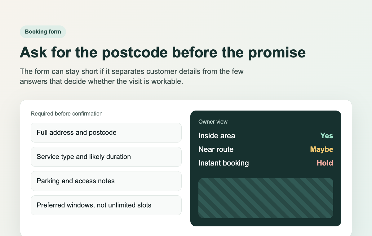 Booking form intake showing postcode service type parking notes and owner review status