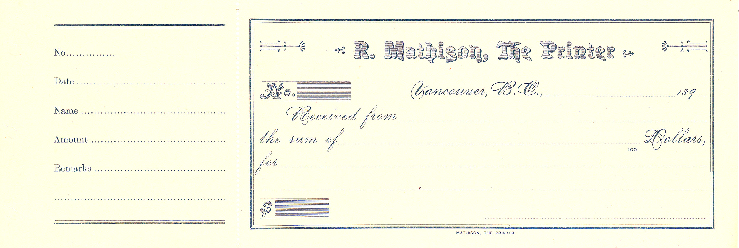 Blank receipt and invoice style document