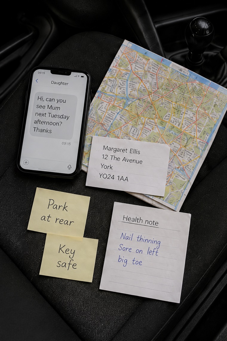 Phone message, map, address card, parking note and health note spread across a car seat