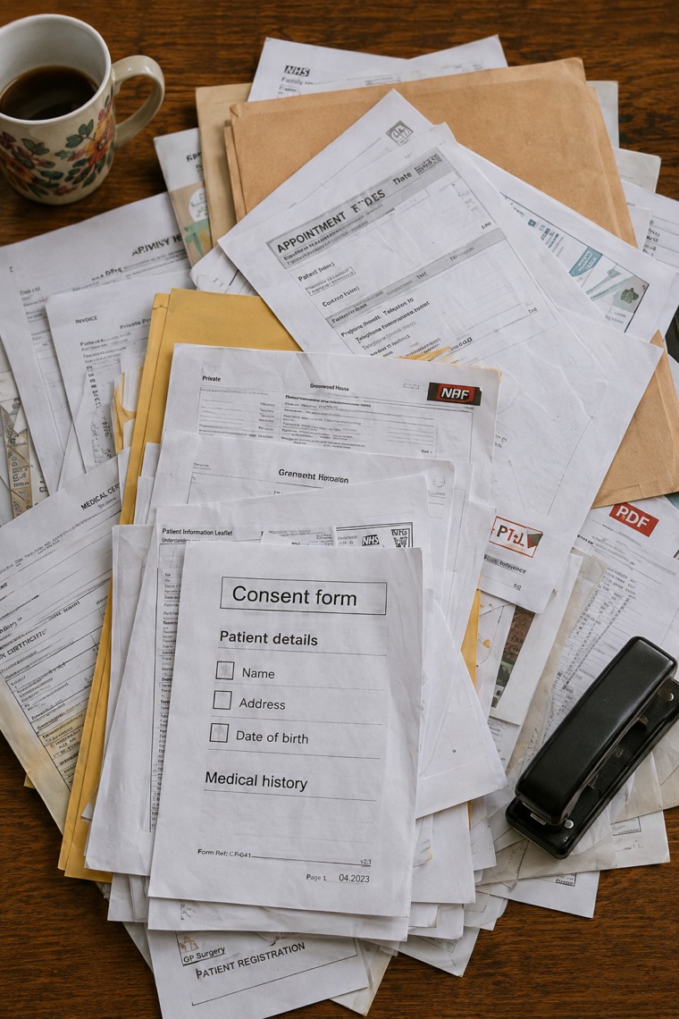 Pile of paper forms and client documents on a wooden table