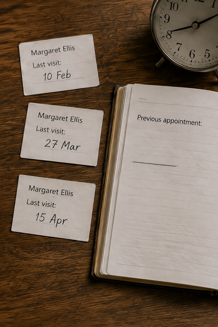 Paper notes showing several last visit dates for the same client