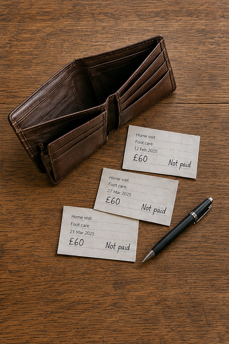 Unpaid home visit payment notes beside an empty wallet