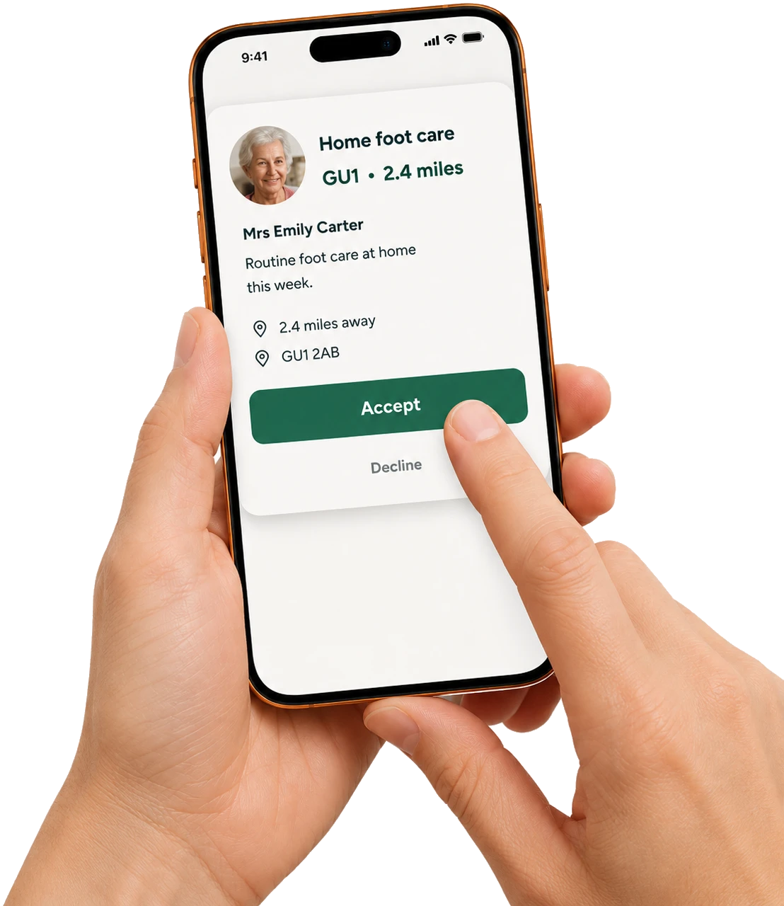 Offlico phone showing Mrs Emily Carter's local home foot care request being accepted