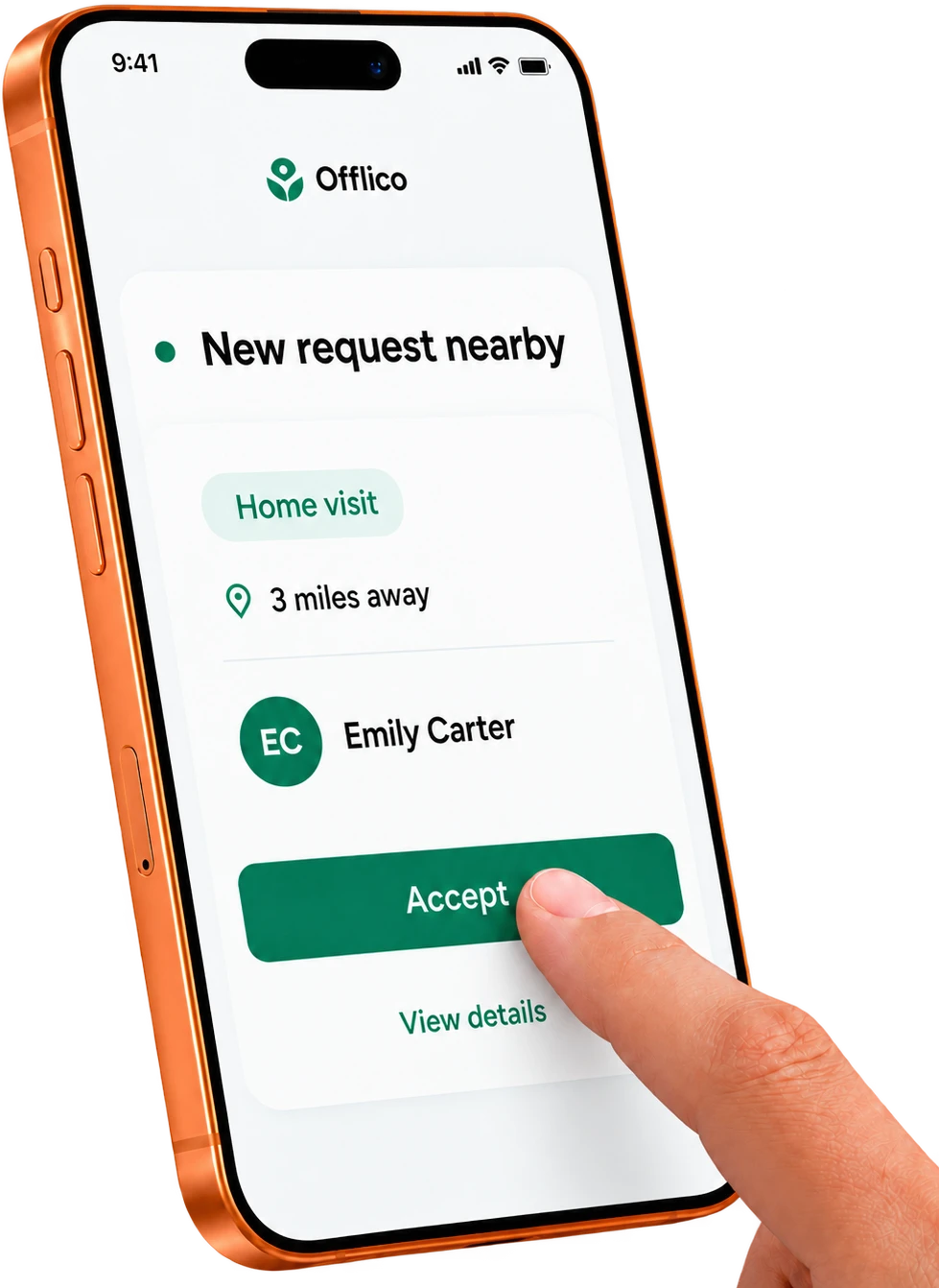 Phone showing a nearby customer request ready to accept in Offlico
