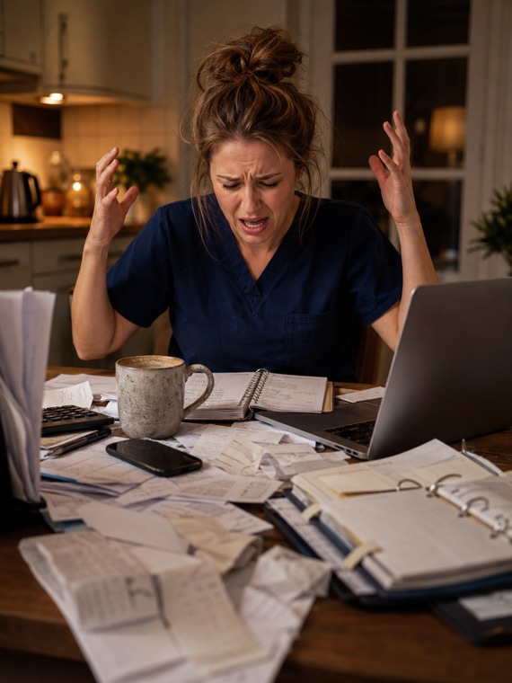 Overwhelmed chiropodist surrounded by paperwork and receipts after work