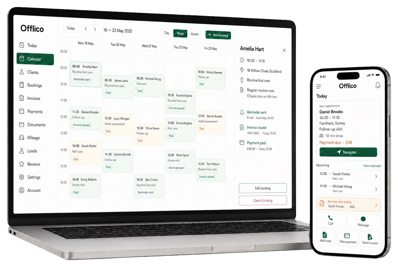 Offlico shown on a laptop calendar dashboard and mobile app screen for managing visits, payments and reminders