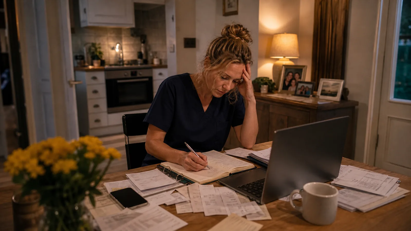 Before Offlico, a mobile chiropodist working late at a kitchen table covered with paperwork, receipts, diary pages, laptop, and phone