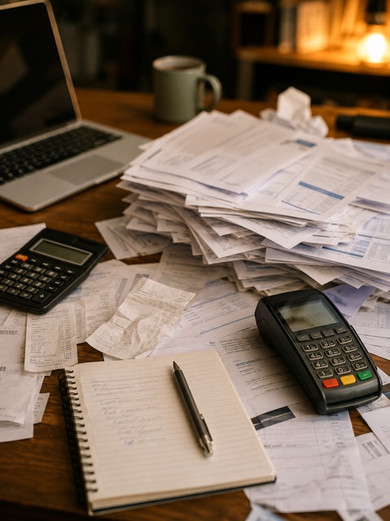 Desk covered with invoices, receipts, a calculator and a laptop