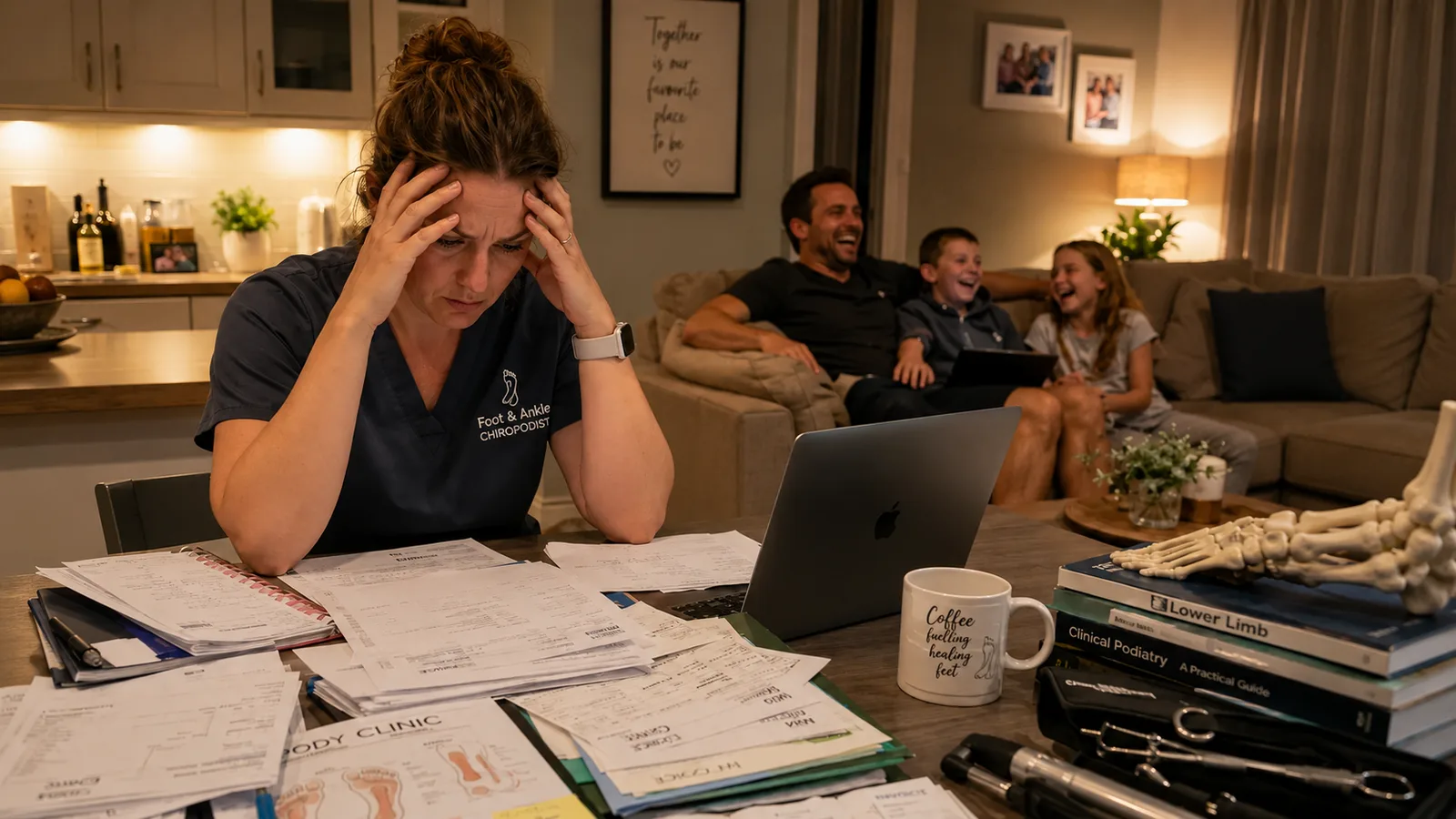 Overwhelmed chiropodist doing paperwork at home after work while her family relax in the background