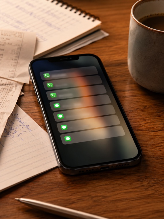 Phone showing missed calls, voicemails and client messages for a chiropodist