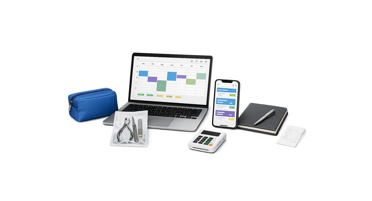 Laptop and phone showing Offlico appointment workflow beside mobile chiropodist business tools