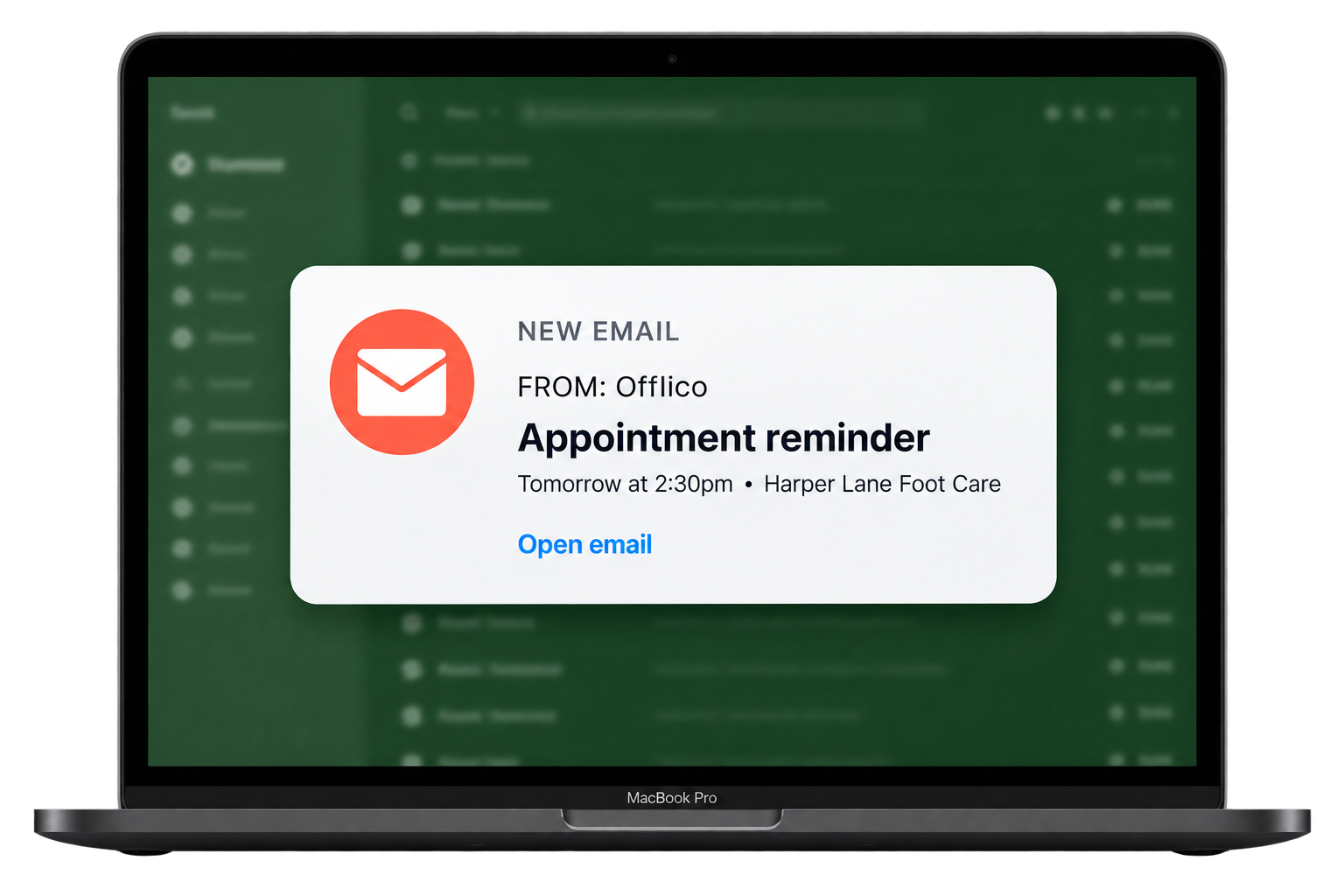 Offlico appointment reminder email shown on a laptop