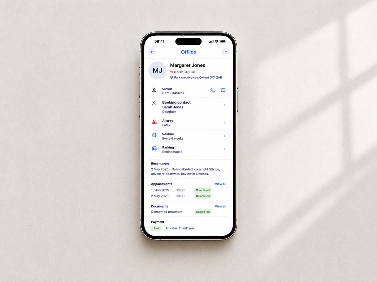 Offlico client record shown on a phone with contact details, booking contact, notes, appointments, documents and payment status