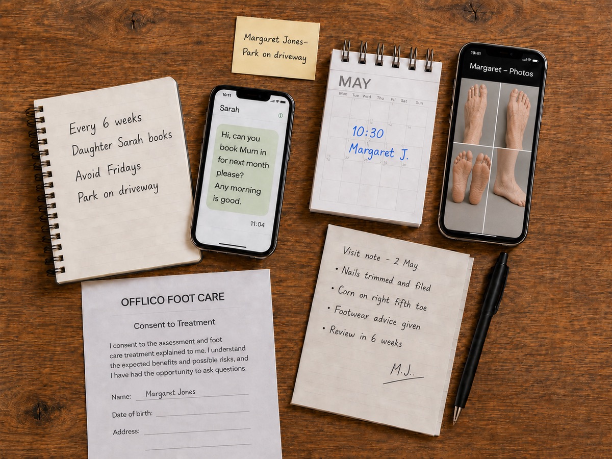 Paper diary, notes, phone messages, gardening photos and customer forms scattered before using Offlico