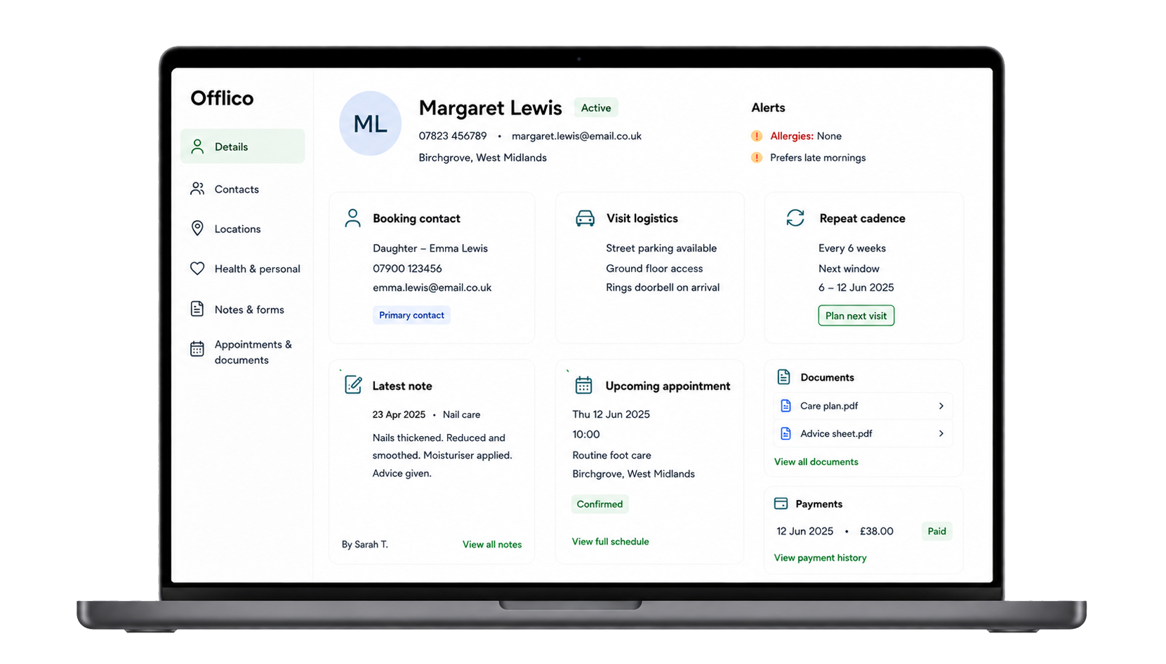 Offlico laptop client record overview for Margaret Lewis