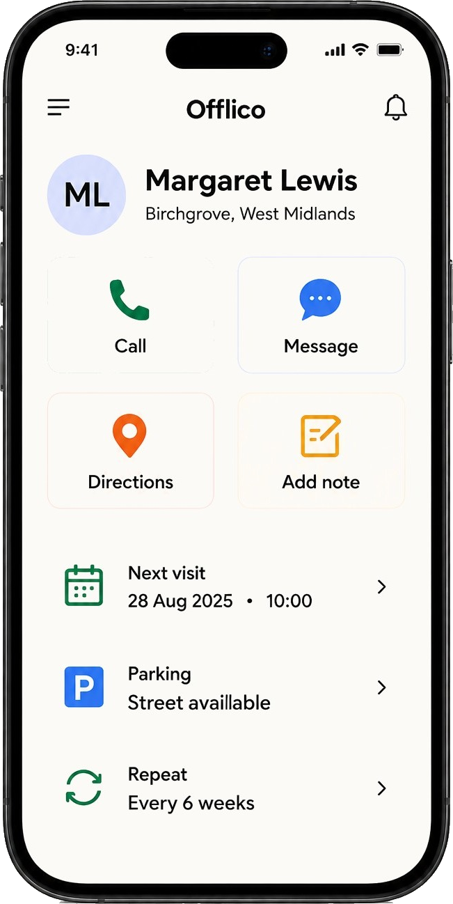 Offlico iPhone client record quick actions for Margaret Lewis