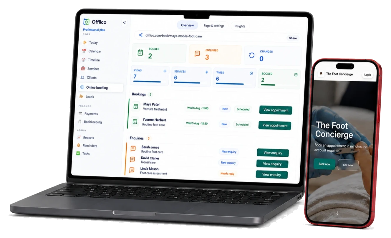 Offlico online booking dashboard beside a mobile booking page