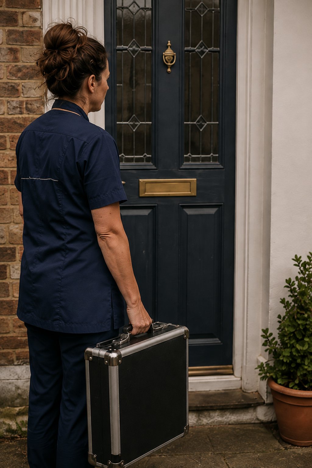 Mobile chiropodist waiting outside a client door after arriving for a home visit