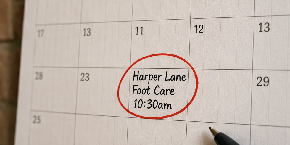 Paper calendar showing a Harper Lane Foot Care home visit at 10:30am