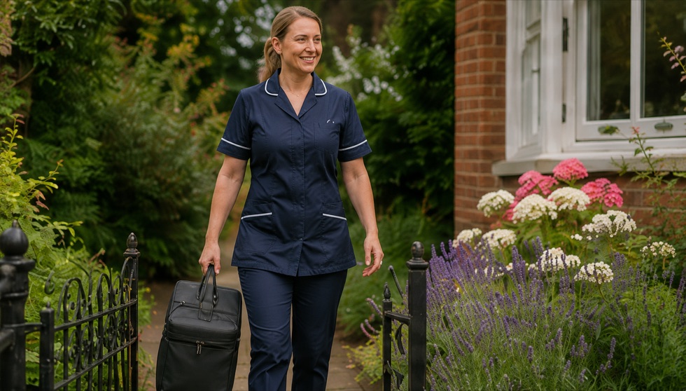 Mobile chiropodist arriving at a client home for a foot care appointment