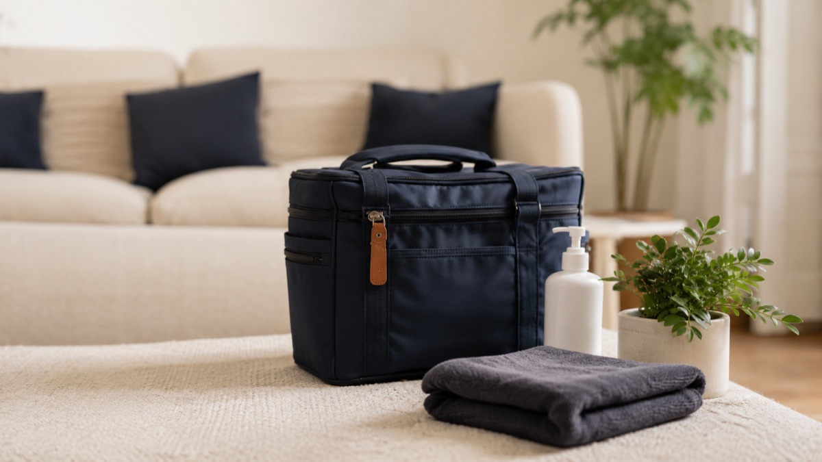 Mobile chiropodist work bag and treatment supplies in a client home