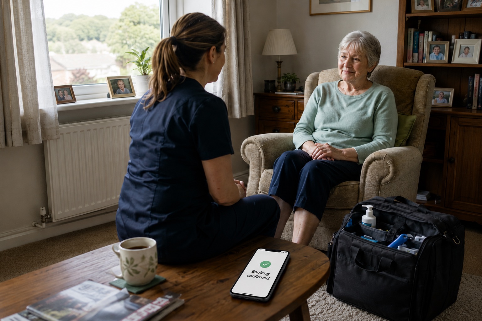 Mobile chiropodist speaking with an older client during a home visit