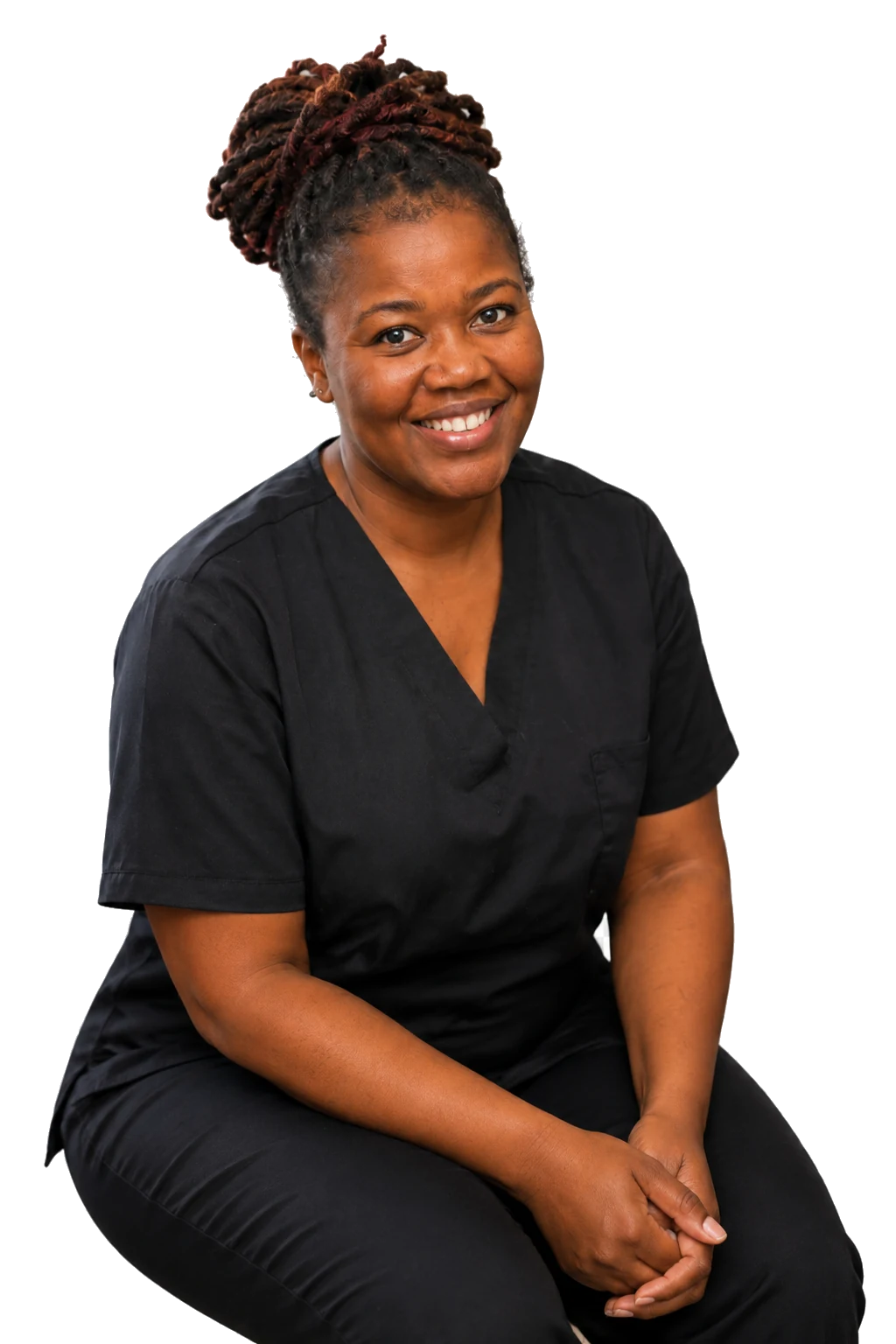 Smiling mobile chiropodist in black scrubs