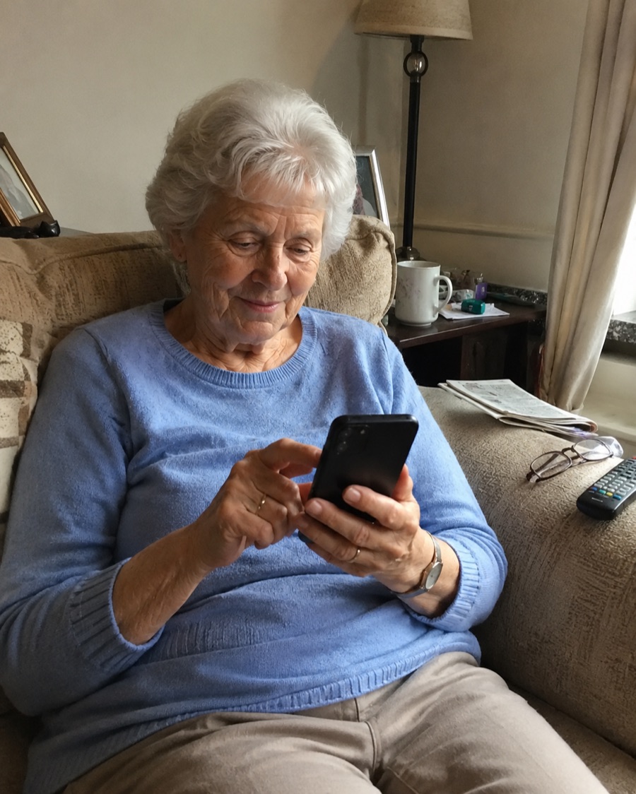 Older customer using her phone to search for a mobile foot care home visit