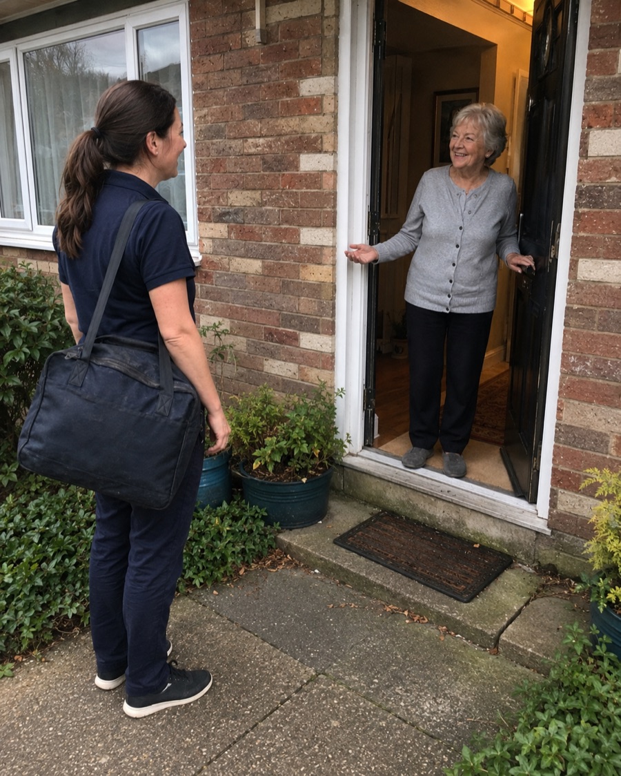 Mobile foot care professional arriving for a booked home visit