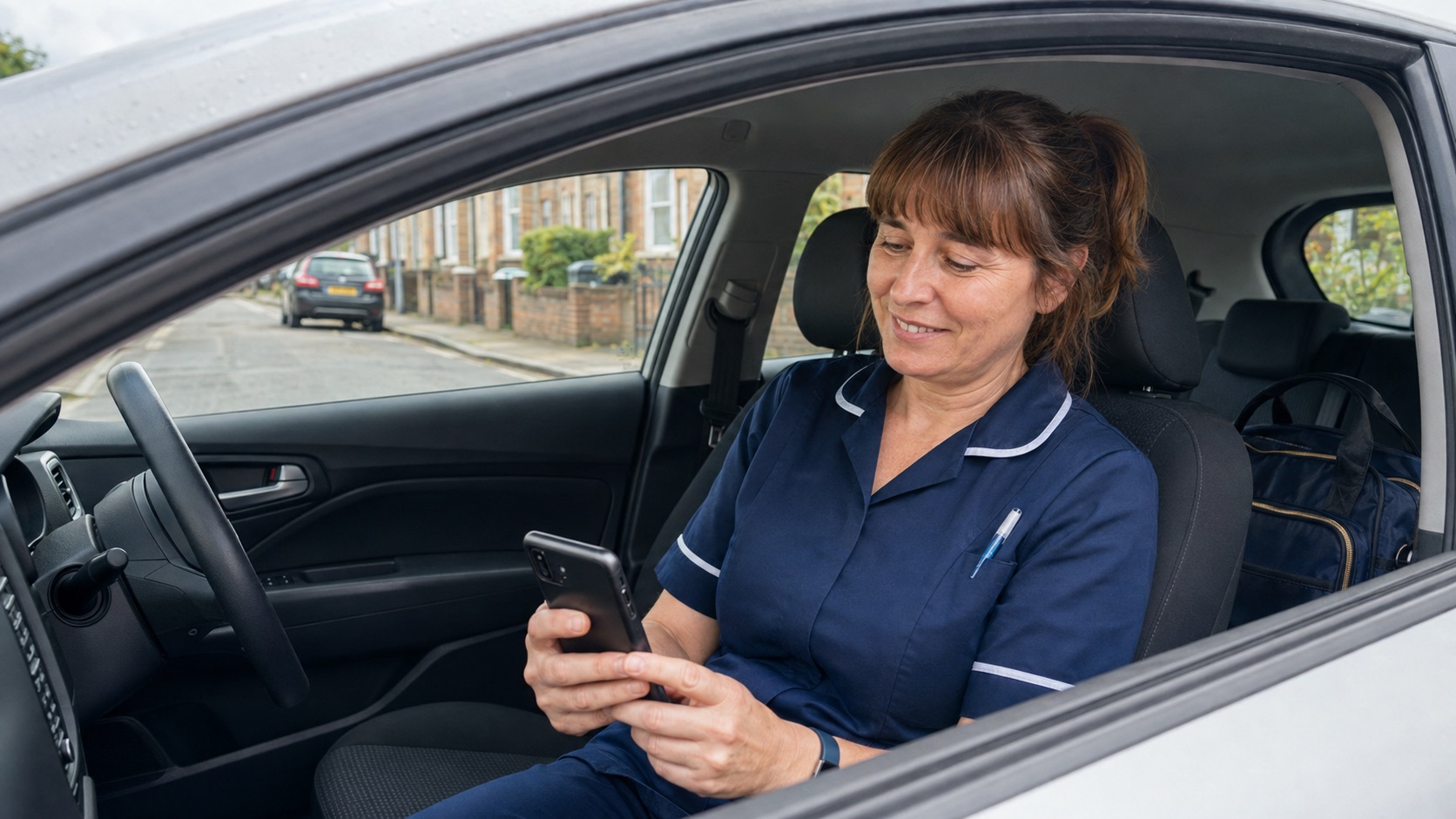 Female podiatrist checking a local request on her phone between home visits