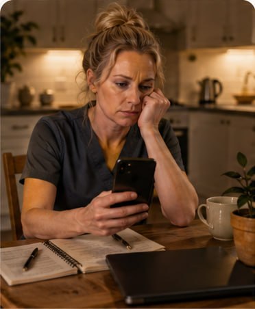 Chiropodist checking booking messages after hours beside paperwork at the kitchen table