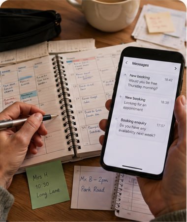 Paper appointment diary and phone messages showing booking requests being chased manually
