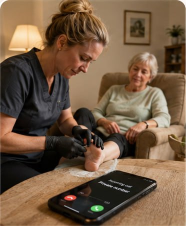 Chiropodist treating an older client at home while a private number call comes through