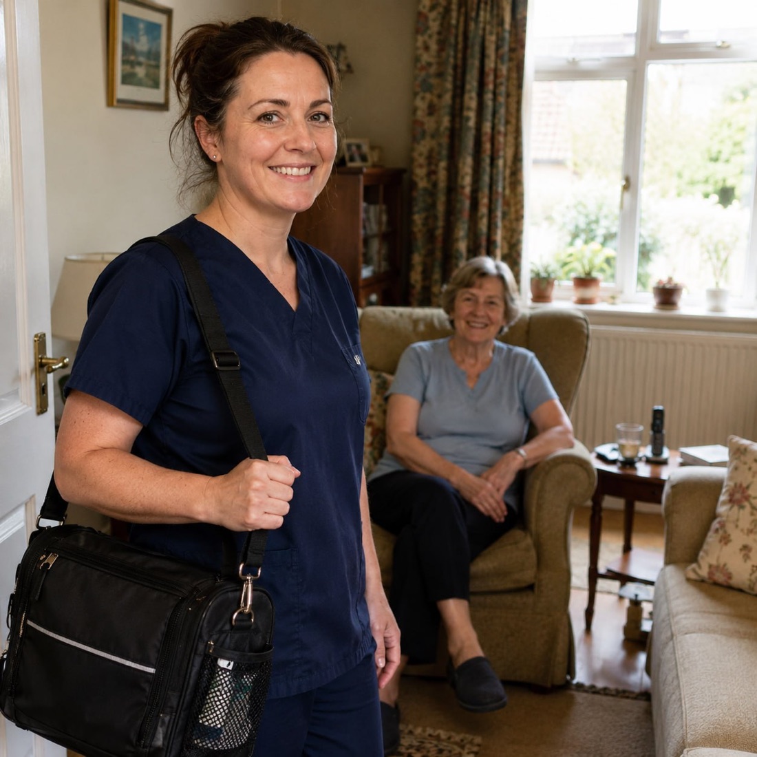 Mobile chiropodist arriving for a home foot care appointment with an older client sitting in the living room