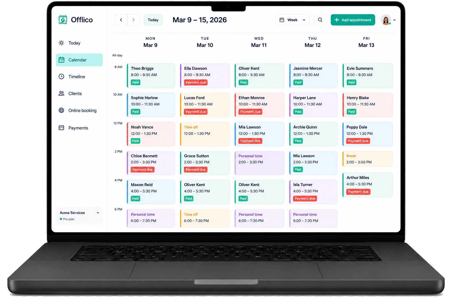 Offlico weekly calendar displayed on a laptop