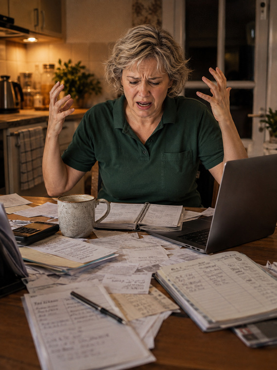 Overwhelmed cleaner surrounded by paperwork and receipts after work