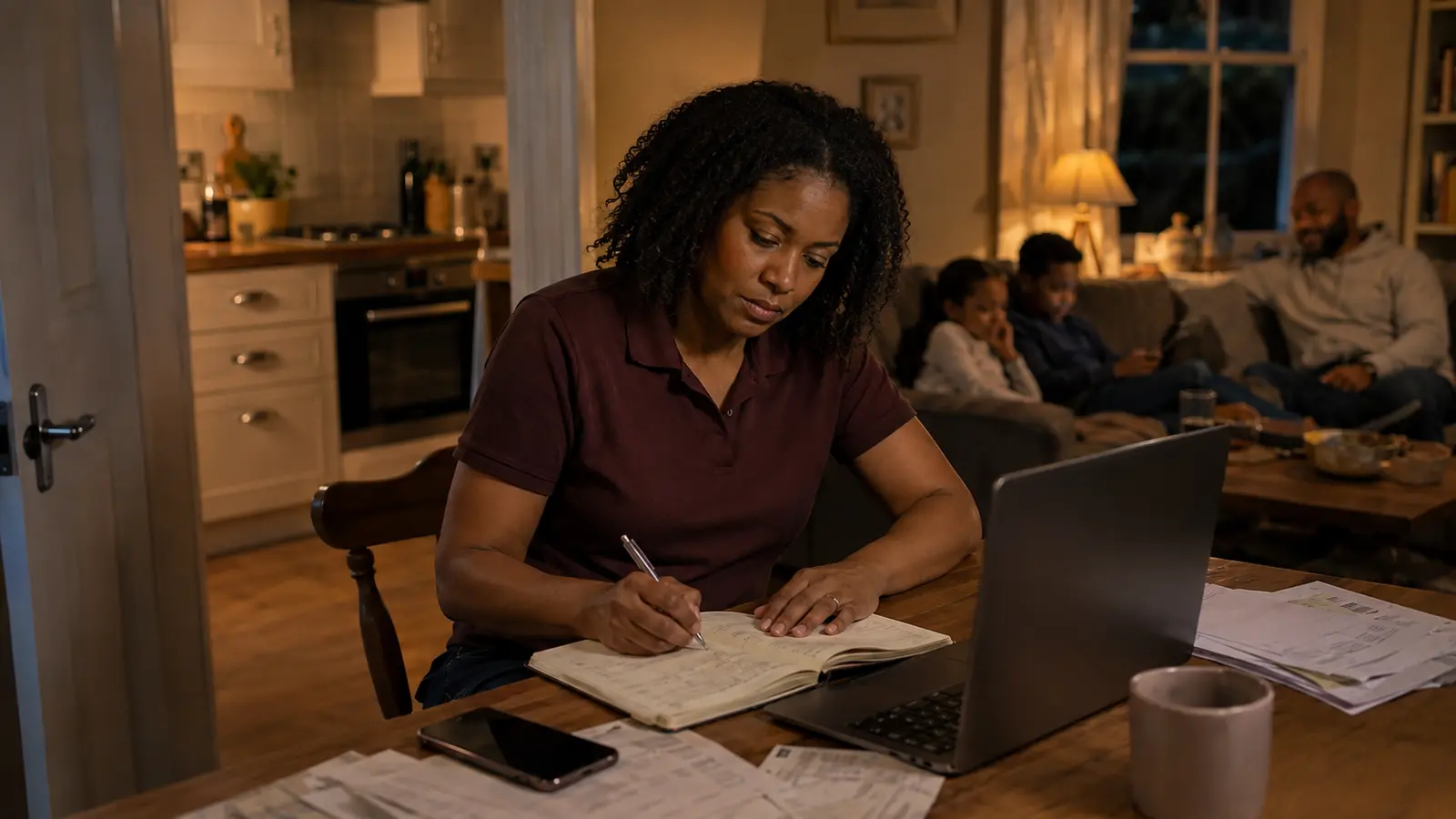 Before Offlico, a cleaner working late at a kitchen table covered with paperwork, receipts, diary pages, laptop, and phone